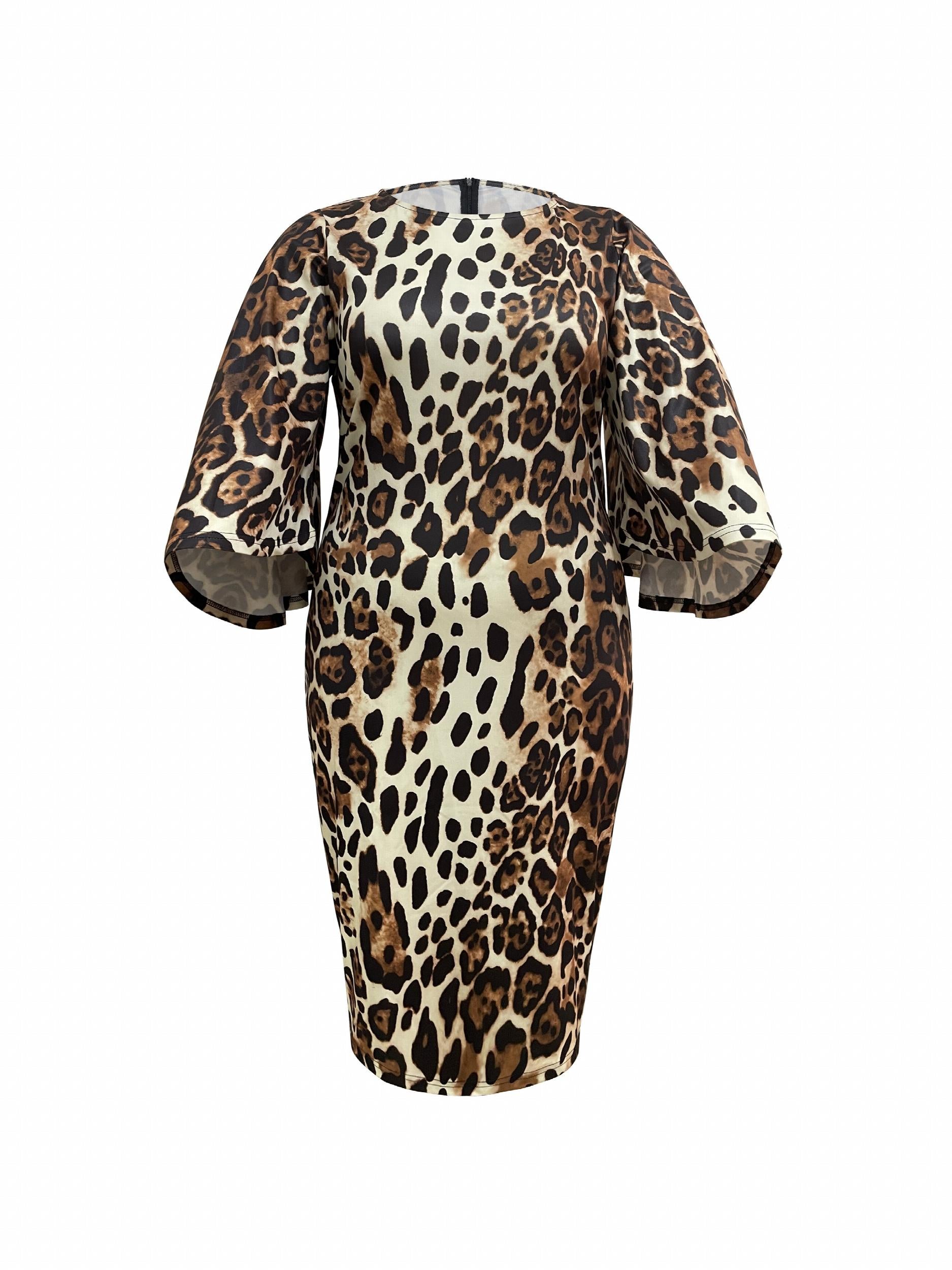 Leopard Print Bell Sleeve Round Neck Dress
