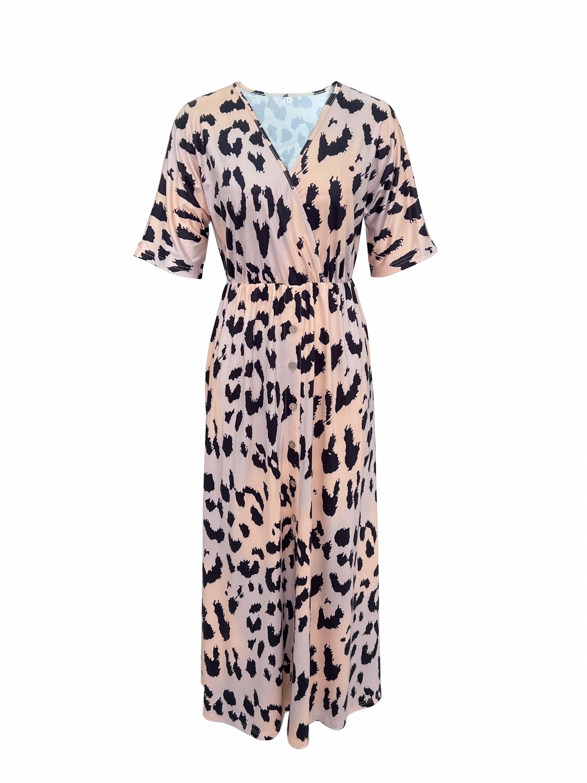 Leopard Print Maxi Dress Elastic Waist Short Sleeve Dress Women's Clothing