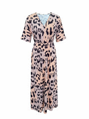 Leopard Print Maxi Dress Elastic Waist Short Sleeve Dress Women's Clothing