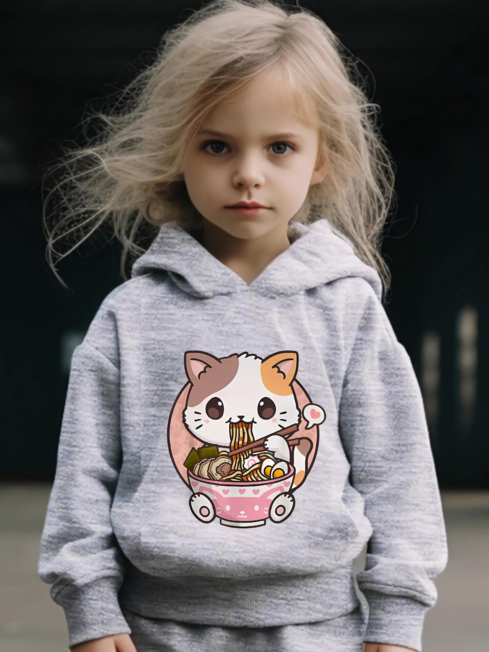 Cartoon Cat & Ramen Print Hoodie & Pants Set - Girl's Sporty Clothes