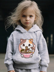Cartoon Cat & Ramen Print Hoodie & Pants Set - Girl's Sporty Clothes