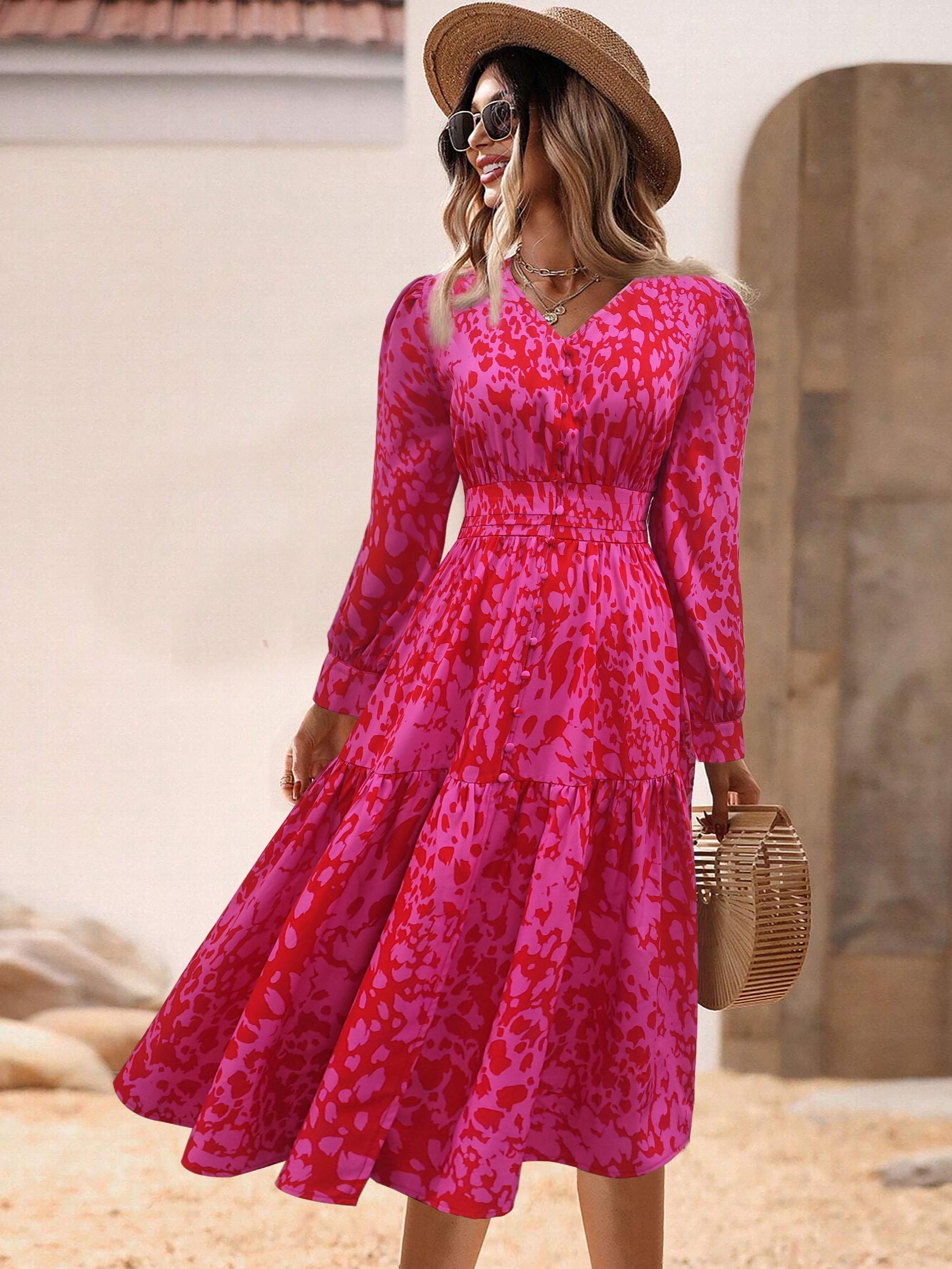 Allover Print Button Decor Midi Smock Dress