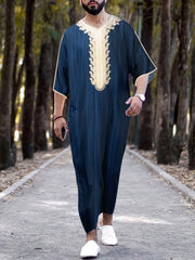 Muslim Men Striped Short Sleeve Thobe Kaftan Islamic Dubai Robes Ramadan Dishdas