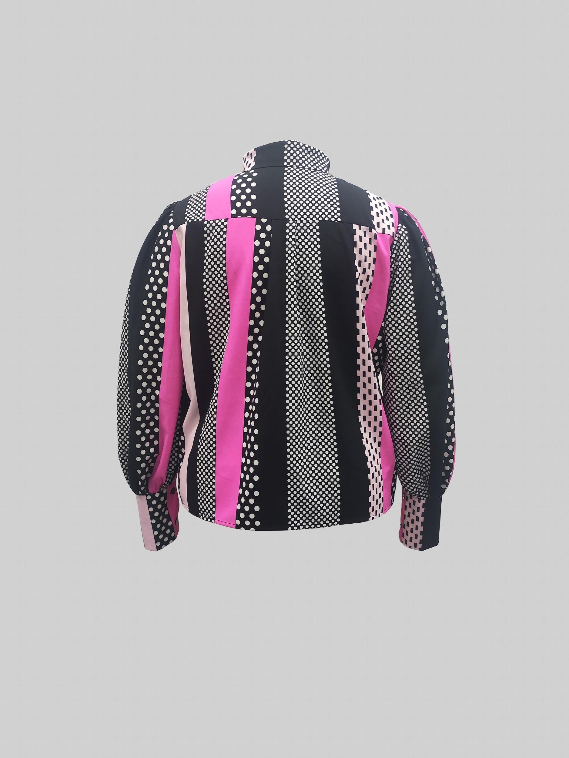 Colorblock Dot Print Button Up Lantern Sleeve Blouse