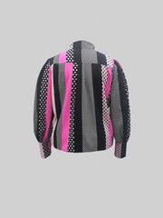 Colorblock Dot Print Button Up Lantern Sleeve Blouse