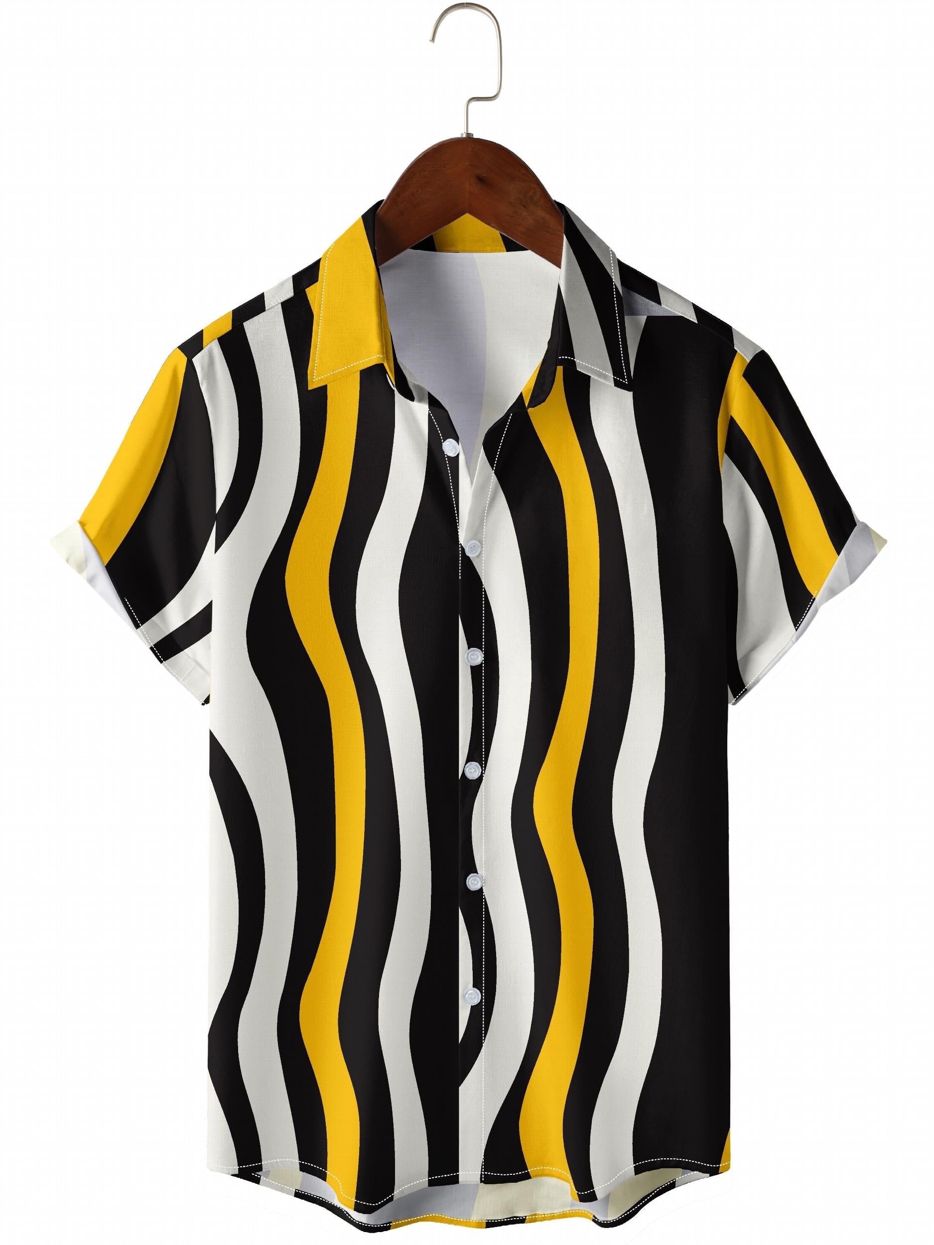 Wave Stripes Print Short Sleeve Beach Shirts Summer Casual