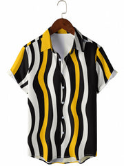 Wave Stripes Print Short Sleeve Beach Shirts Summer Casual