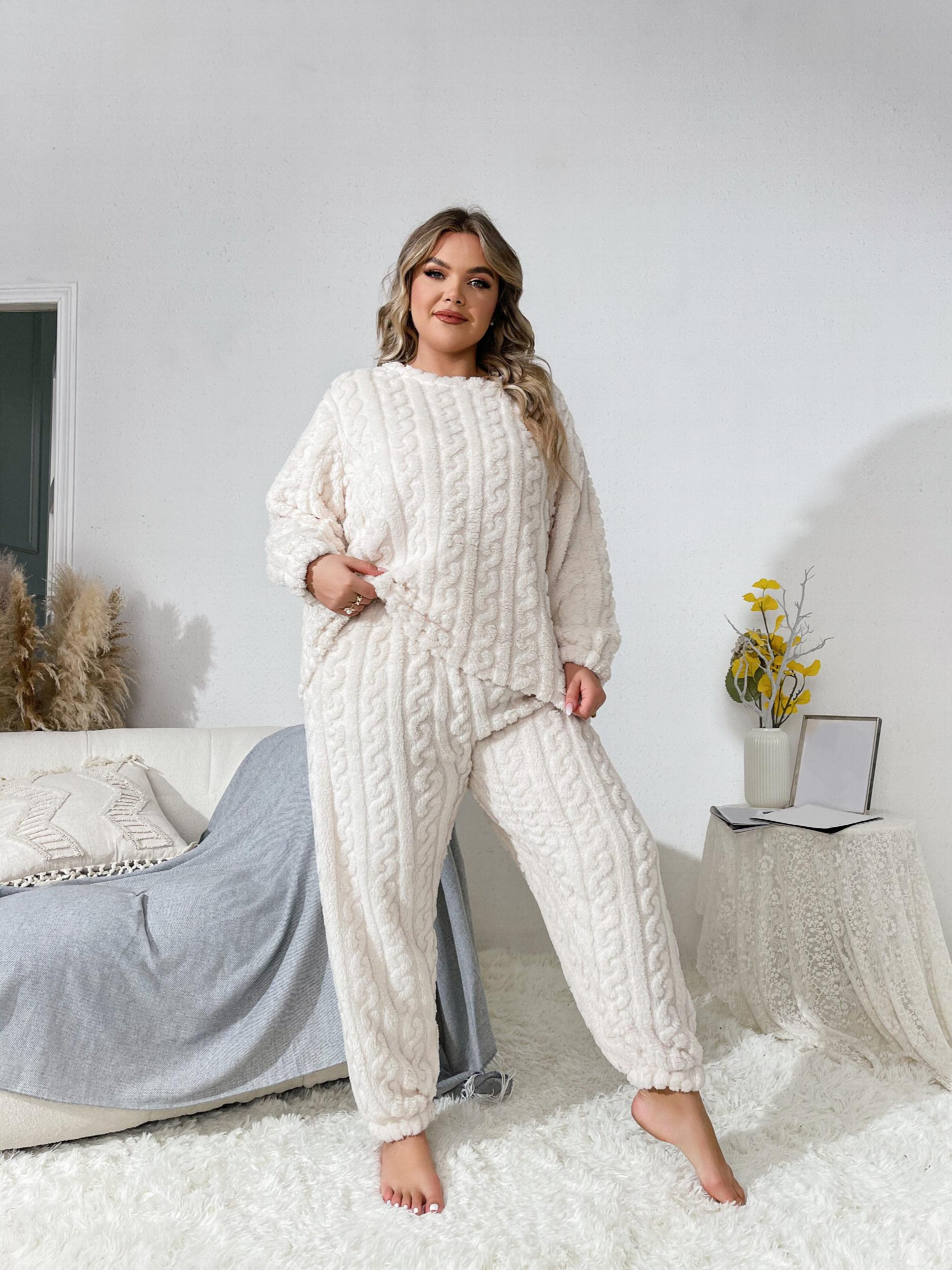 Flannel Pajama Set Solid Textured Top & Pants Lounge Two Piece
