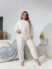 Flannel Pajama Set Solid Textured Top & Pants Lounge Two Piece