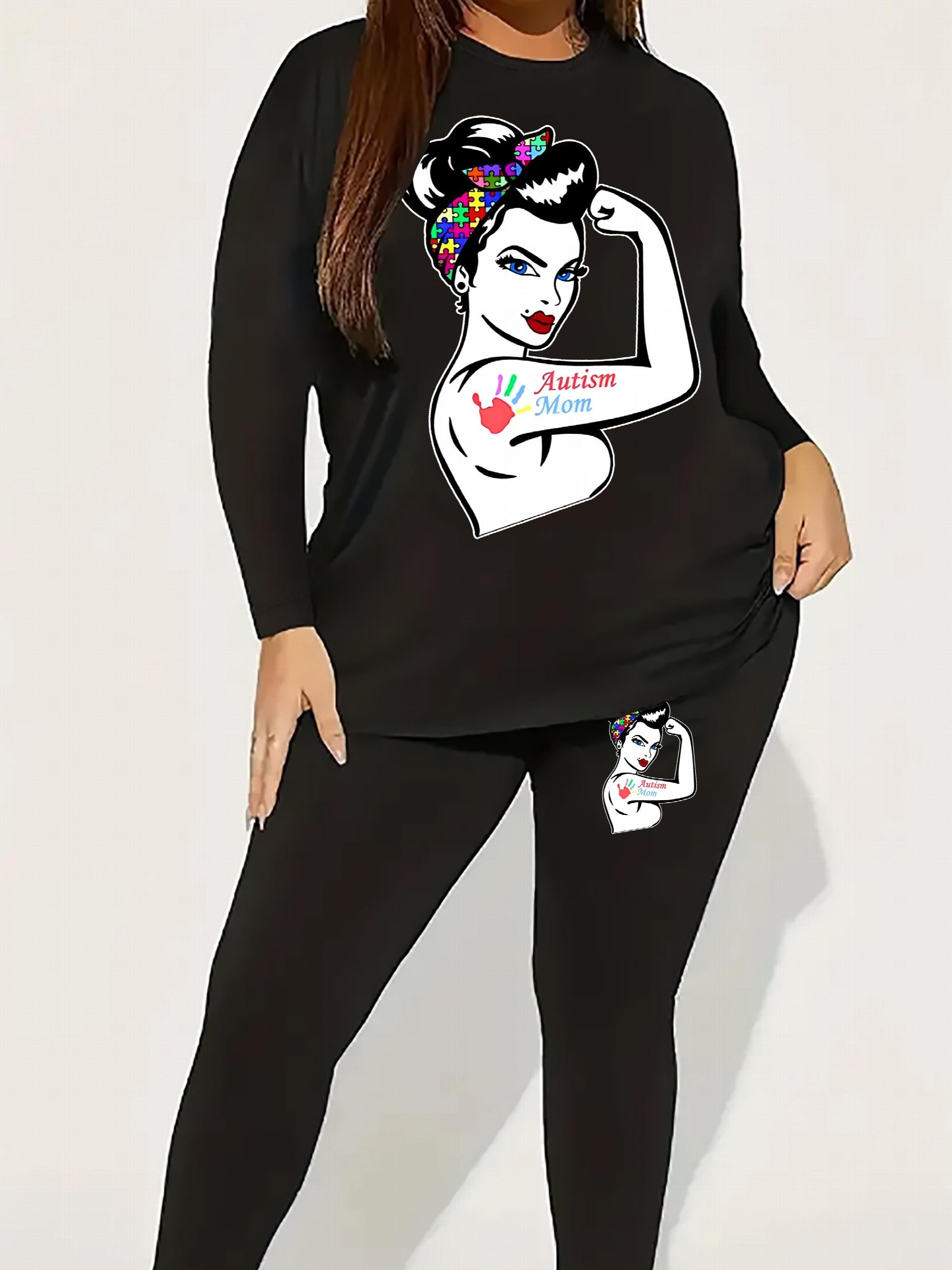 Figure & Letter Print Top & Leggings Set