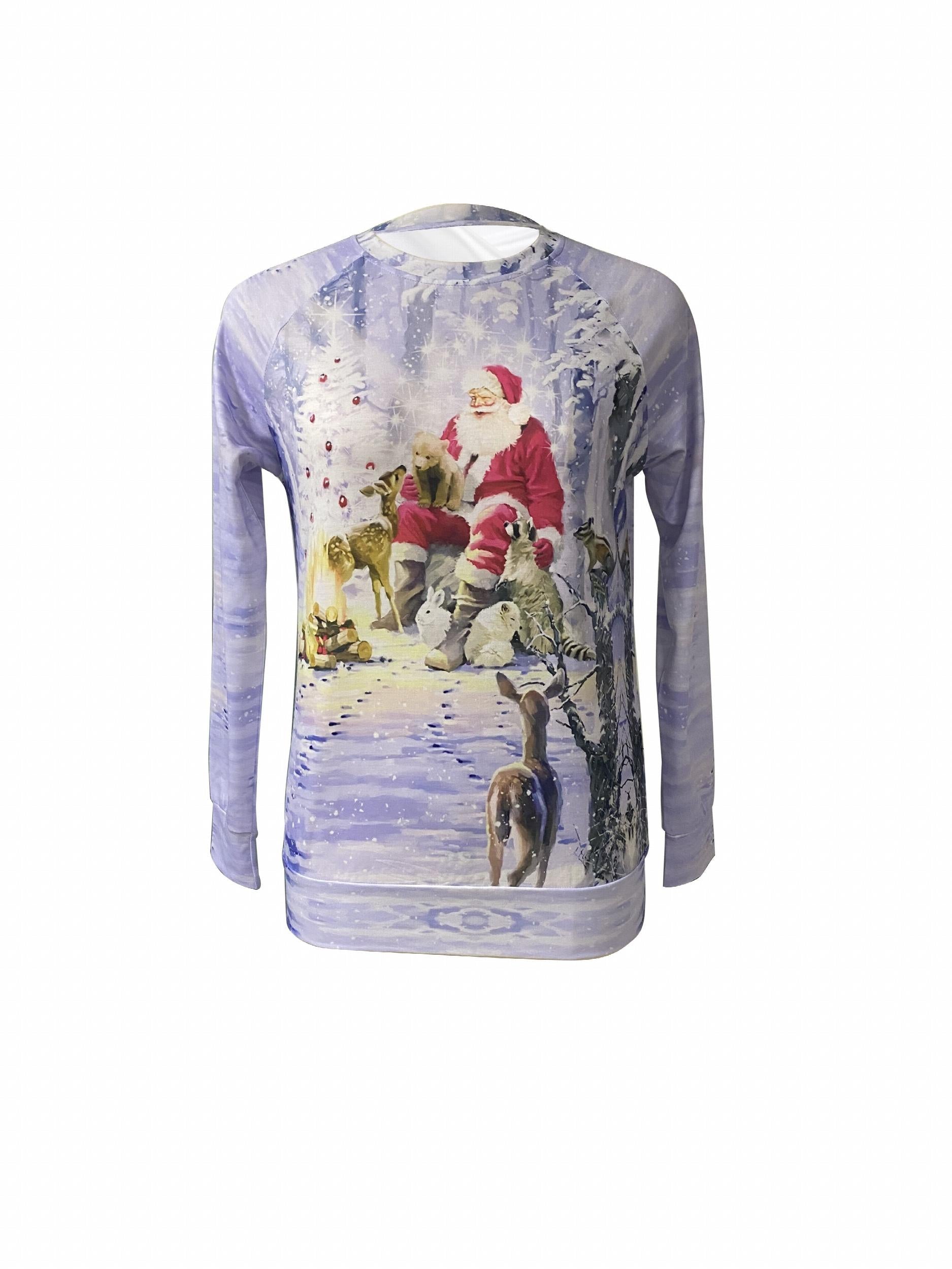 Santa Claus & Deer Print Sweatshirt Long Sleeve Pullover Women's Clothing