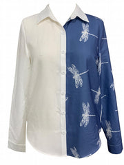 Colorblock Dragonfly Print Button Up Long Sleeve Blouse