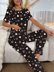 Heart Print Pajamas Set Short Sleeve Tee & Lounge Pants PJ Set Women's Sleepwear