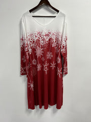 Snowflake Print Long Sleeve V Neck Knee Length Dress