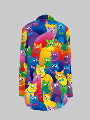 Colorful Cat Print Open Front Cardigan Casual Long Sleeve Cardigan