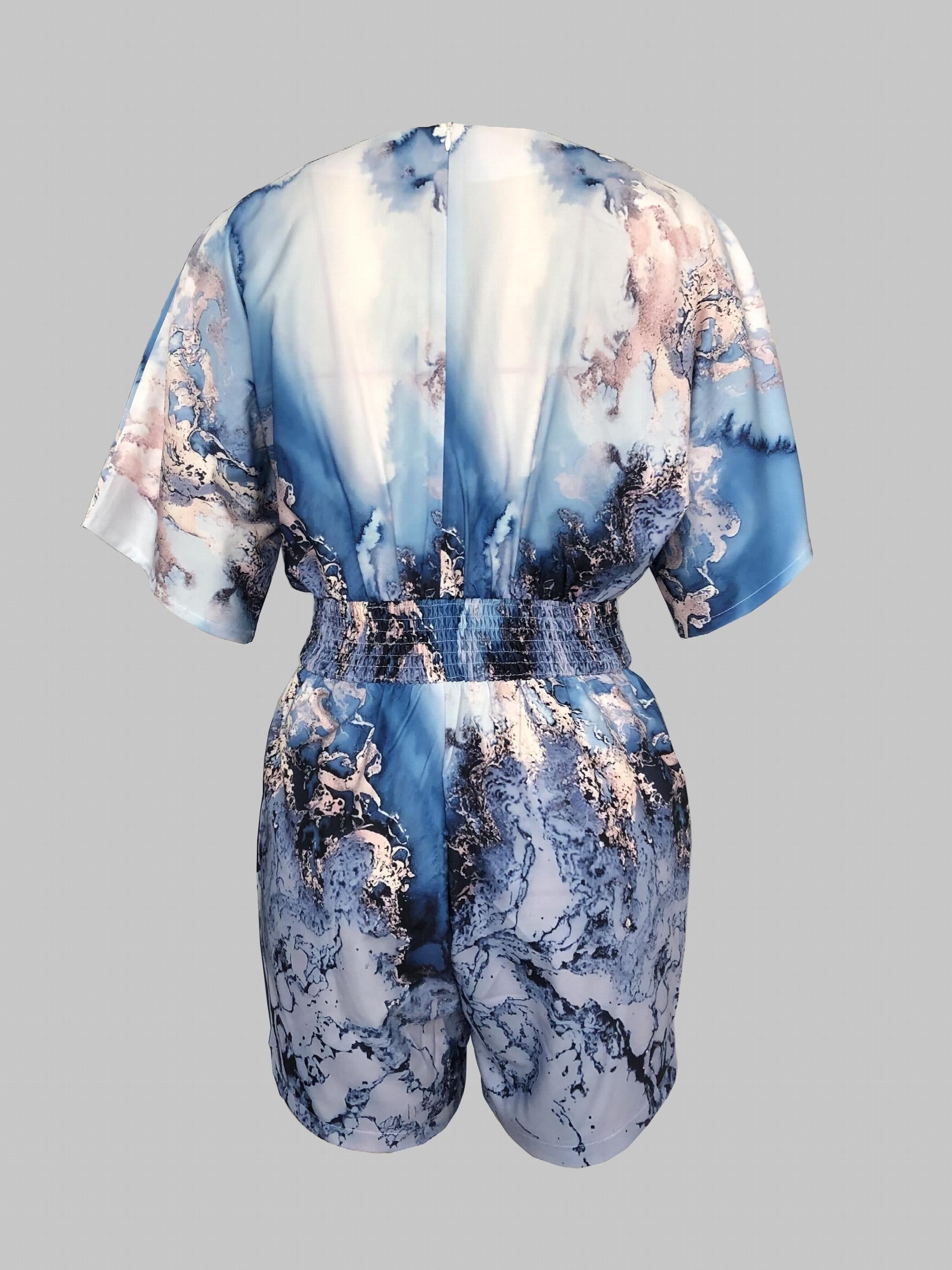 Geometric Print V Neck Drawstring Romper Jumpsuit Casual Batwing Sleeve Jumpsuit