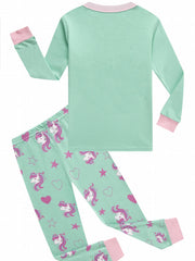 2 Pcs Girls' Unicorn Cotton Pajamas Set Crew Neck Long Sleeve T Shirt & Pants