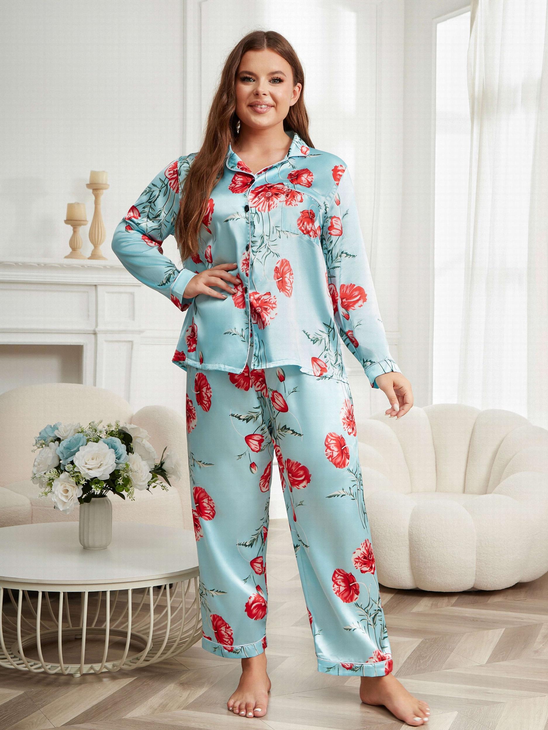 Satin Floral Print Pajama Set Long Sleeve Shirt & Pants Two Piece
