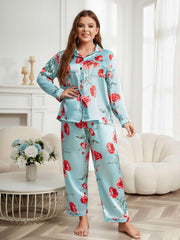 Satin Floral Print Pajama Set Long Sleeve Shirt & Pants Two Piece