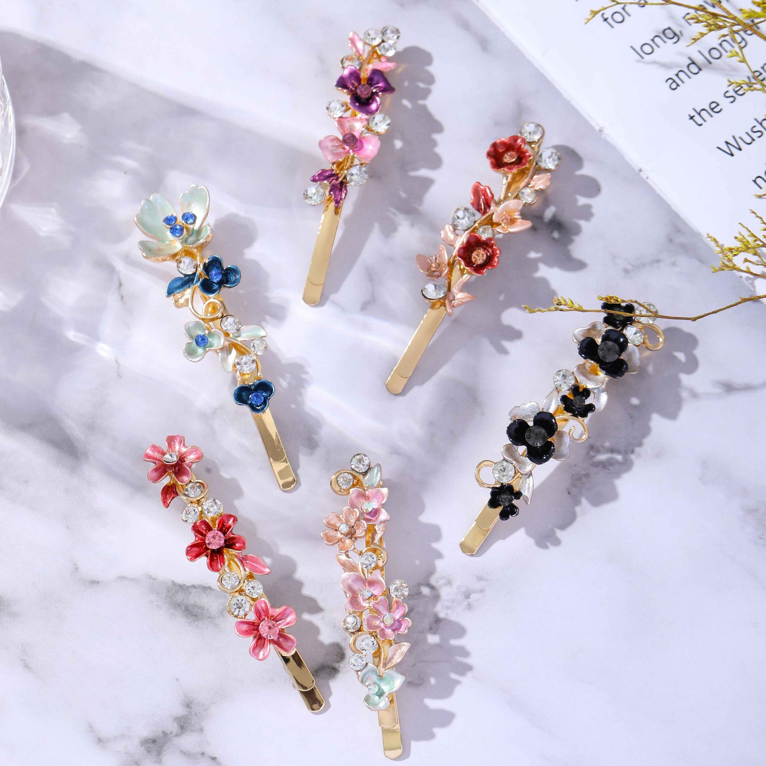 Alloy Flower Edge Clip Retro Style Plant Bangs Clip Rhinestone Clips