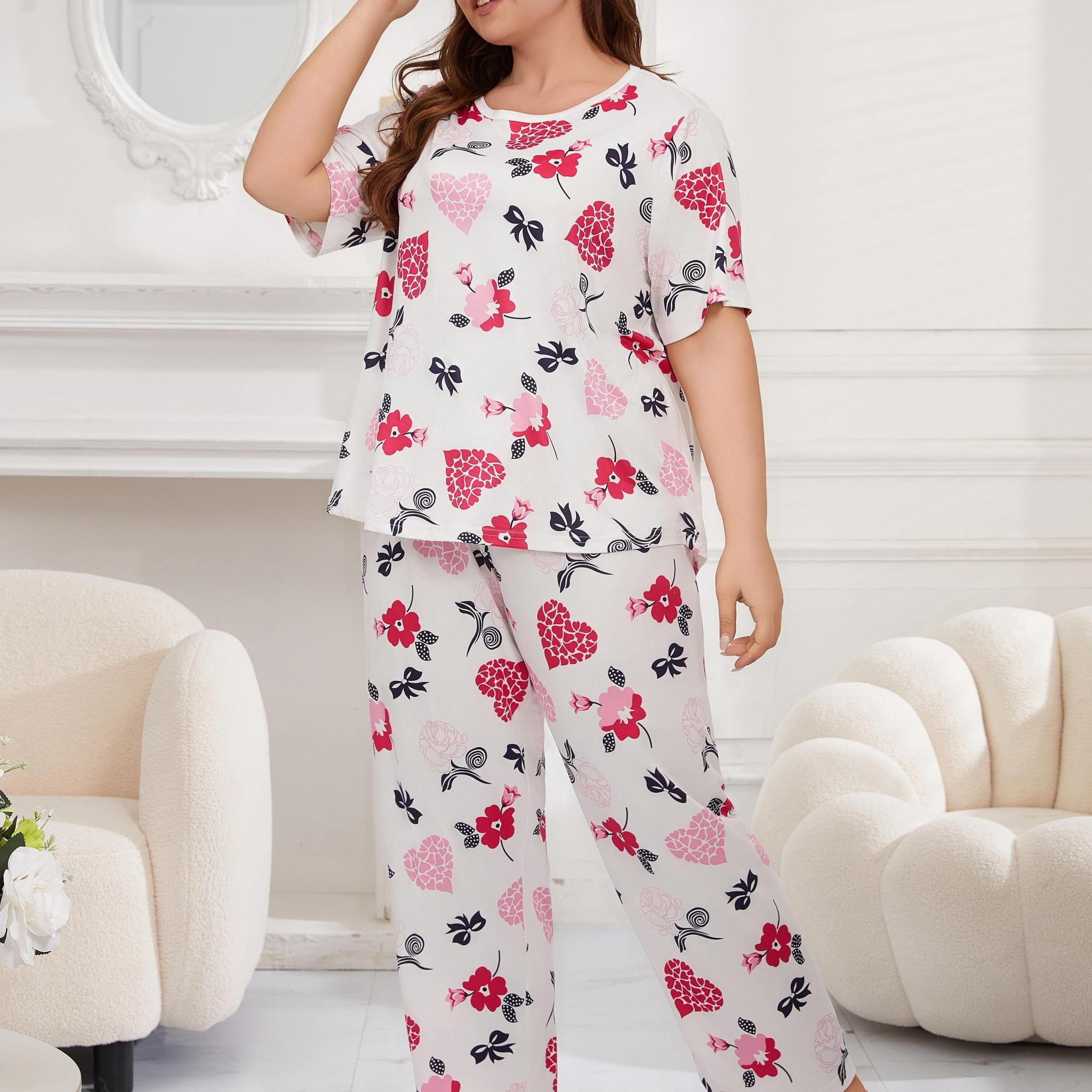 Floral & Heart Print Short Sleeve Tee & Pants Home Wear Set