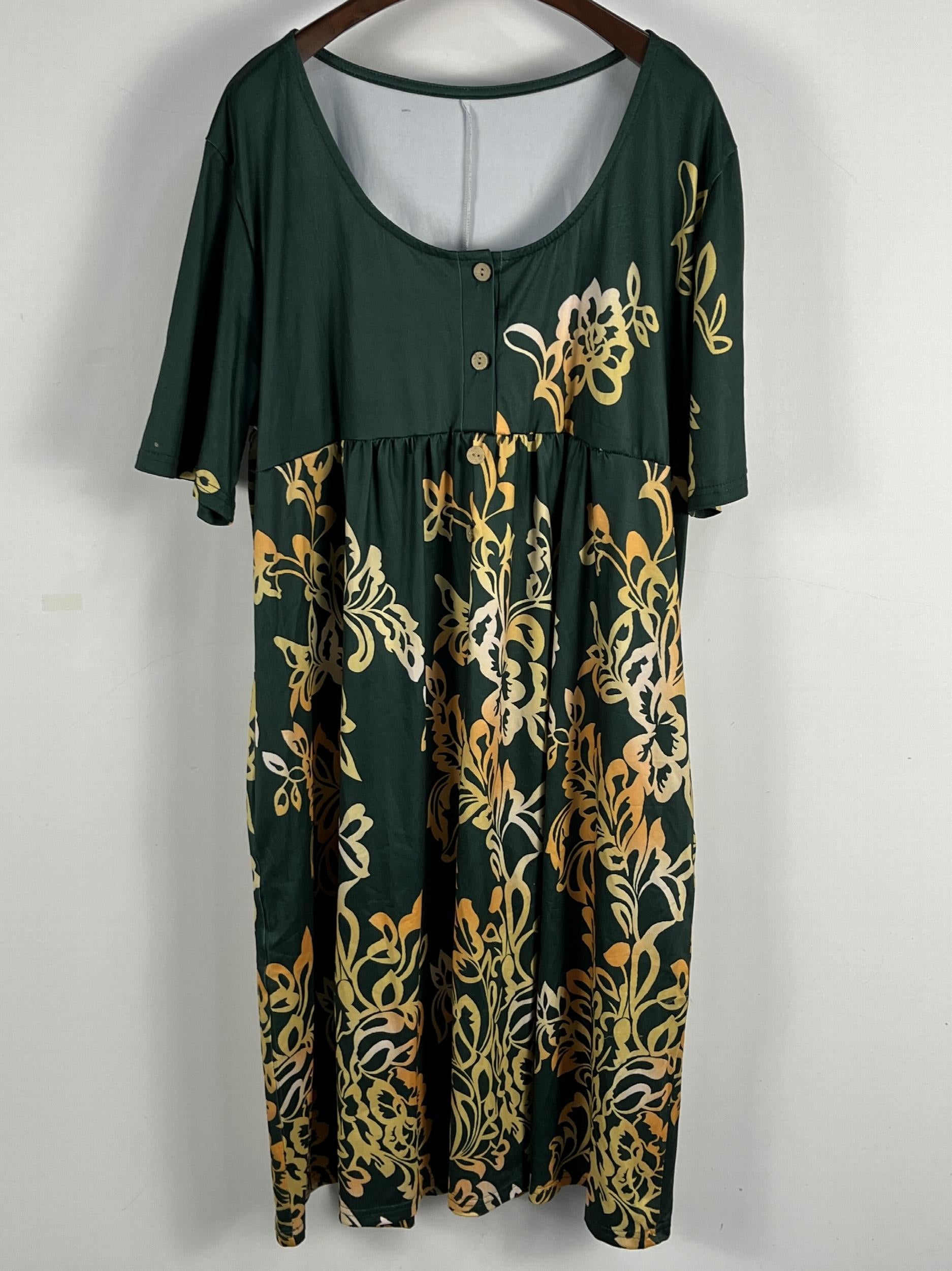 Women's Floral Print Round Neck Dress With Pockets