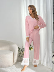 Lace Stitching Lounge Set V Neck Top & Pants Women's Loungewear