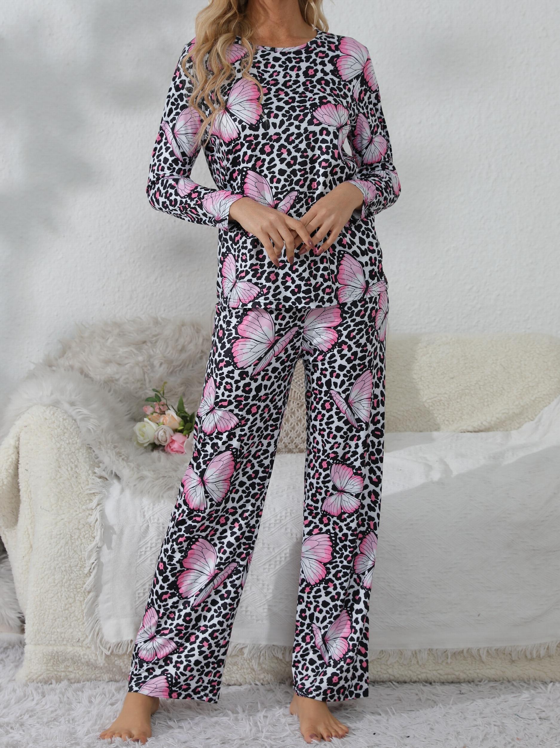 Butterfly Print Leopard Pajama Set Long Sleeve Top & Pants