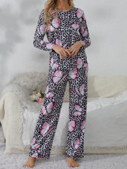 Butterfly Print Leopard Pajama Set Long Sleeve Top & Pants