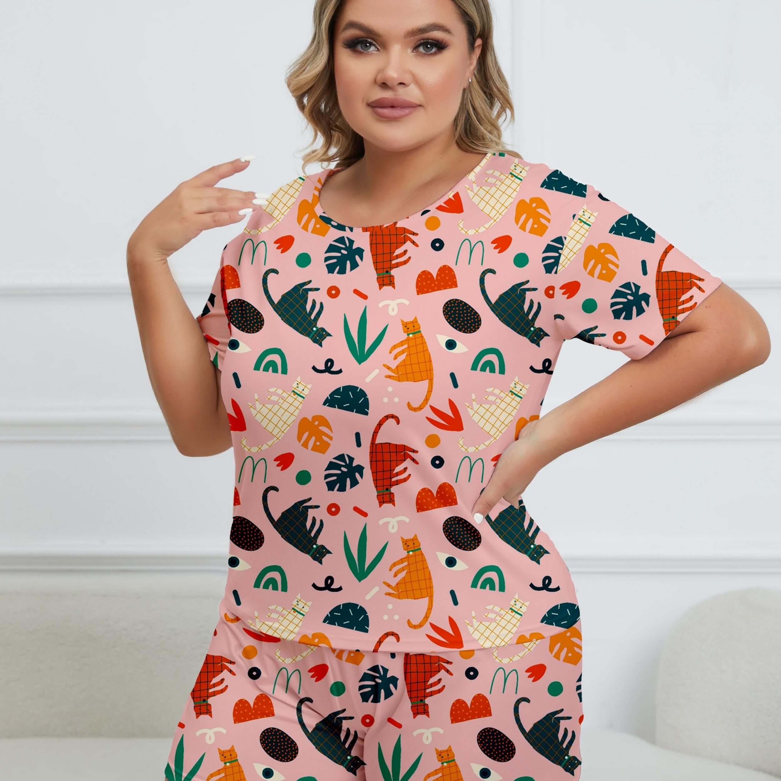 Cat & Leaf Print Tee & Shorts Pajama 2 Piece Set
