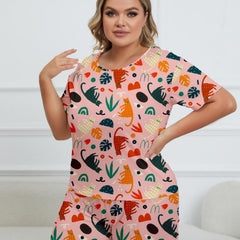 Cat & Leaf Print Tee & Shorts Pajama 2 Piece Set
