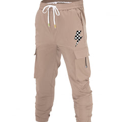 Checkerboard Lightning Print Cargo Pants Men's Drawstring Joggers