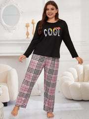Preppy Pajamas Set Women's Letter Graphic Tee & Plaid Pant