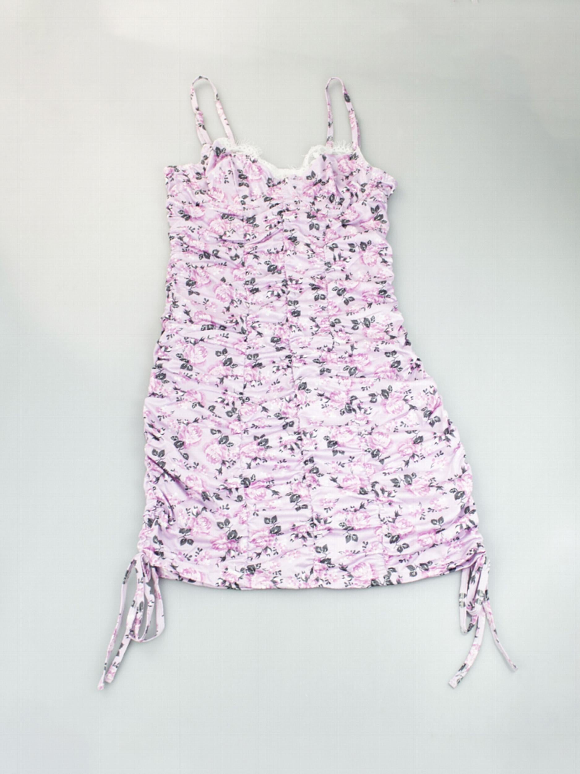 Floral Print Nightdress Lace Trim Ruched Sleep Dress