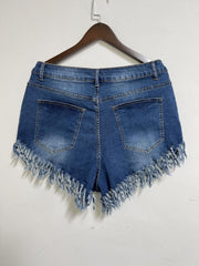 Washed Button Fly Denim Shorts with Fringe Trim