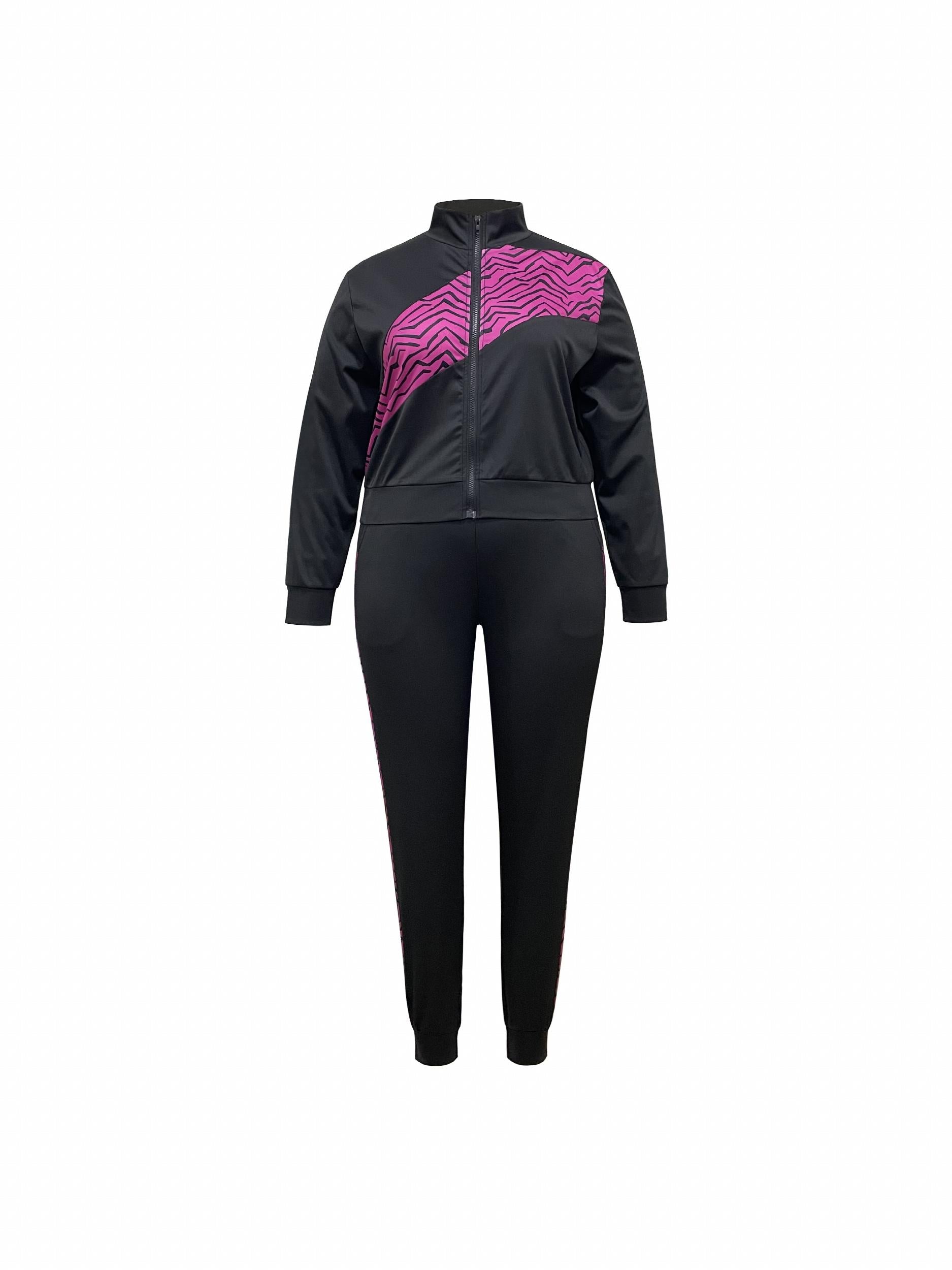 Women's Plus Colorblock Abstract Stripe Print Coat & Joggers Set