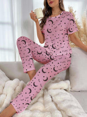 Moon & Eyelashes Pajama Set Short Sleeve Crew Neck Top & Pants Women's Sleepwear