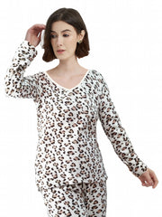 Leopard Print Lounge Top Cozy V Neck Flannel Women's Loungewear