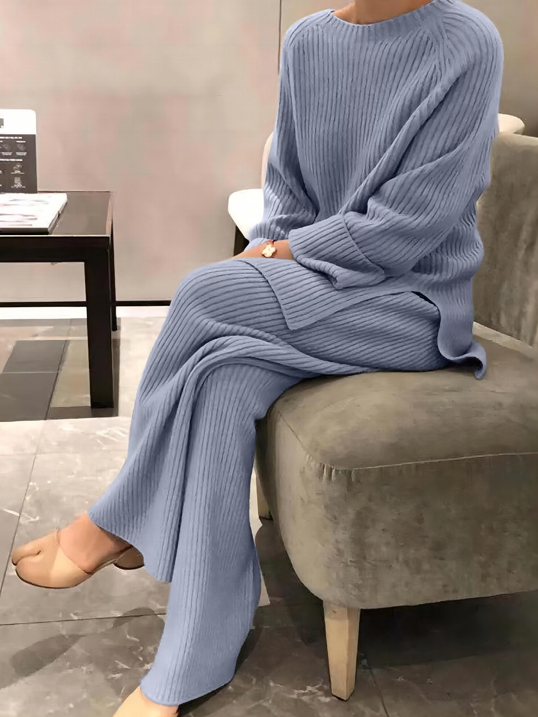 Solid Two-piece Set Sweater & Wide Leg Pants