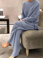 Solid Two-piece Set Sweater & Wide Leg Pants
