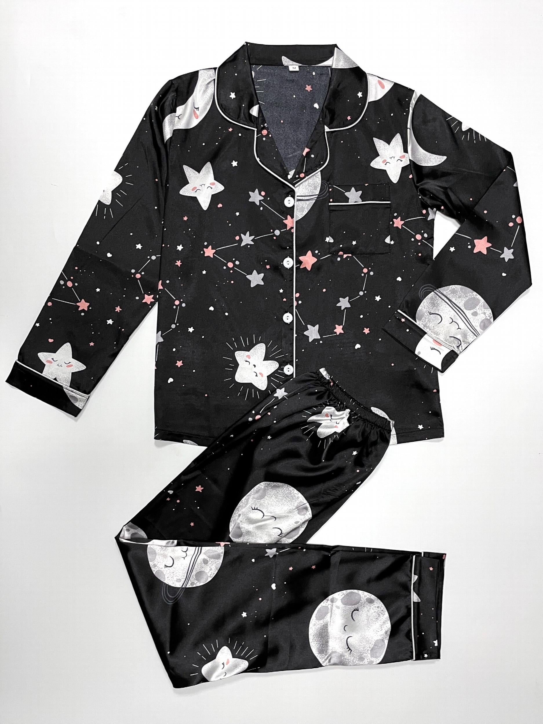 Starry Print Pajama Set Long Sleeve Buttons Top & Elastic Waistband Pants