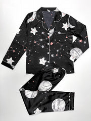 Starry Print Pajama Set Long Sleeve Buttons Top & Elastic Waistband Pants