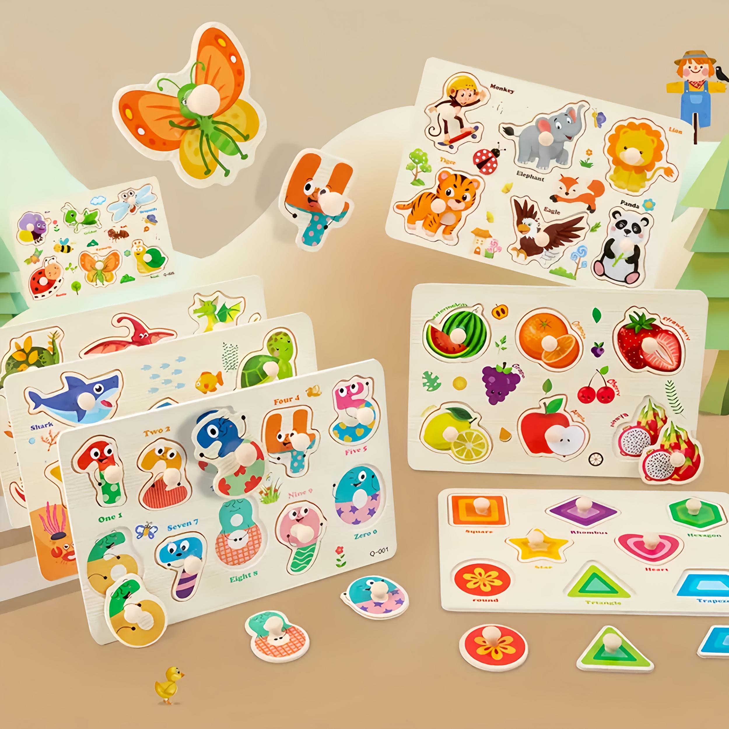 Educational Wooden Puzzle Set 4pcs Learning Toy Alphabet Numbers Animals Fruits