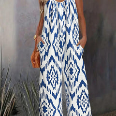Geometric Print V Neck Wide Leg Jumpsuit