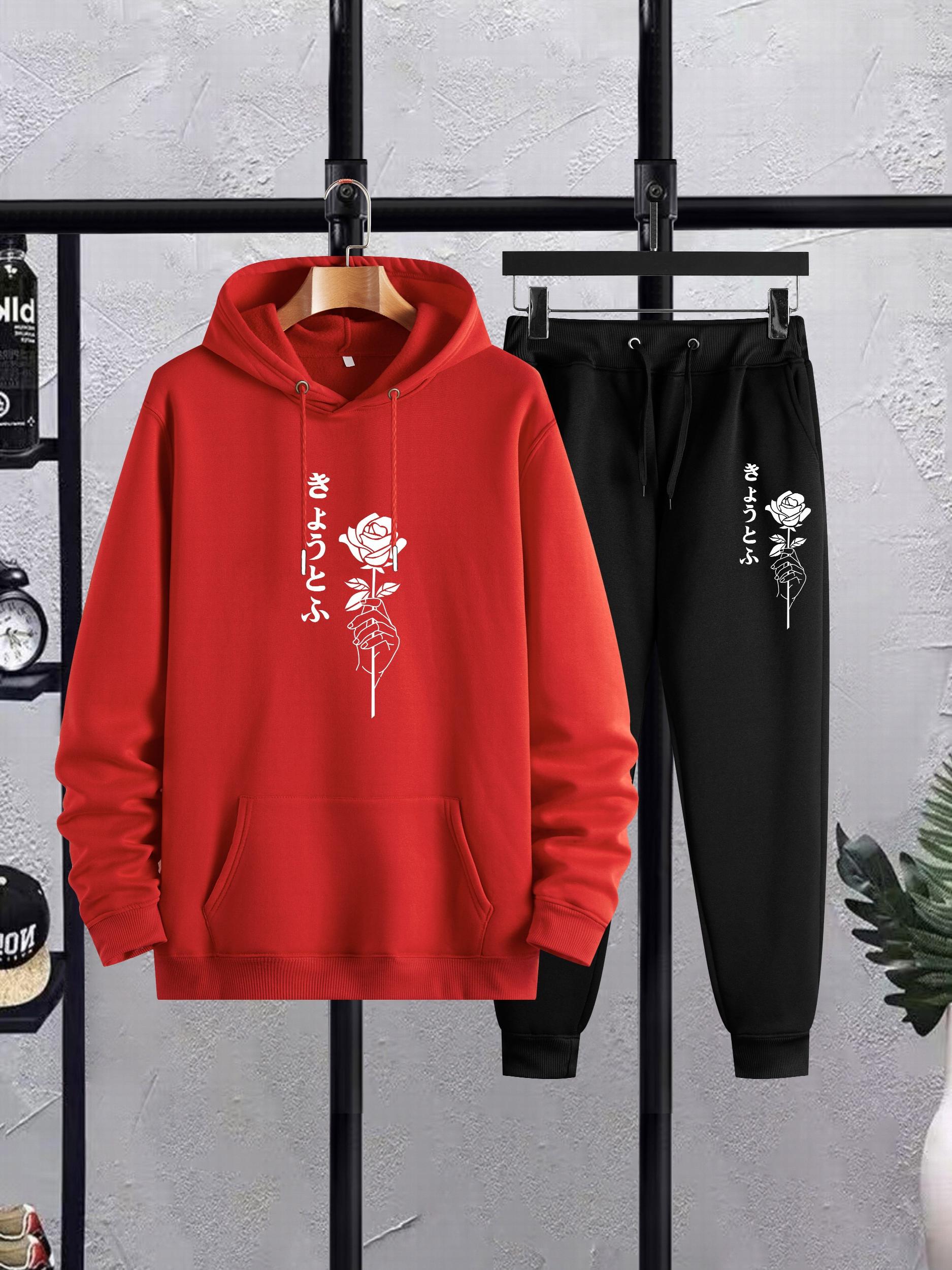 Rose Graphic Print Men's Hoodies & Pants Set Loose Plus Size Winter Fall