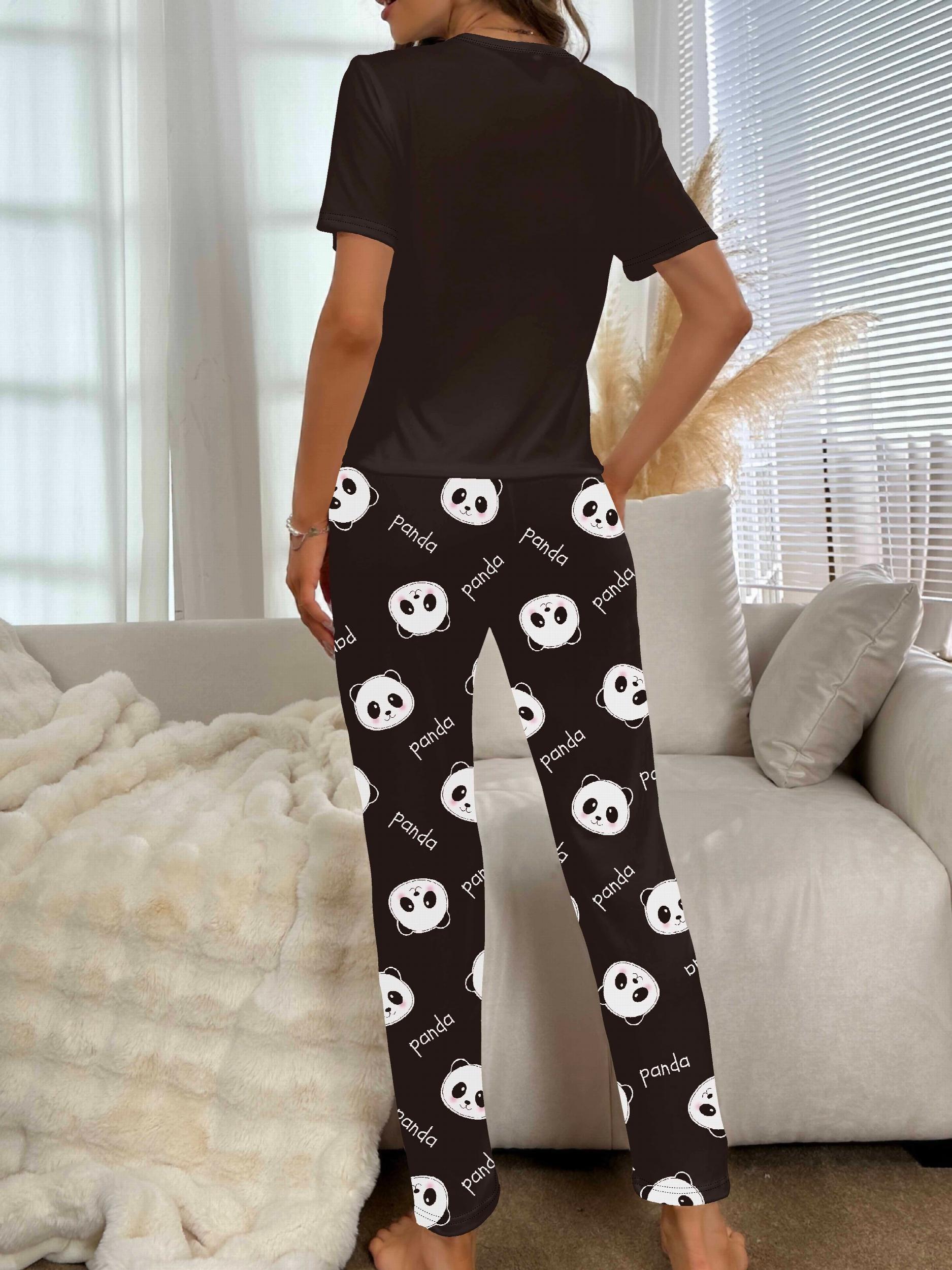 Panda Print Pajama Set Short Sleeve Top & Pants Women's Sleepwear