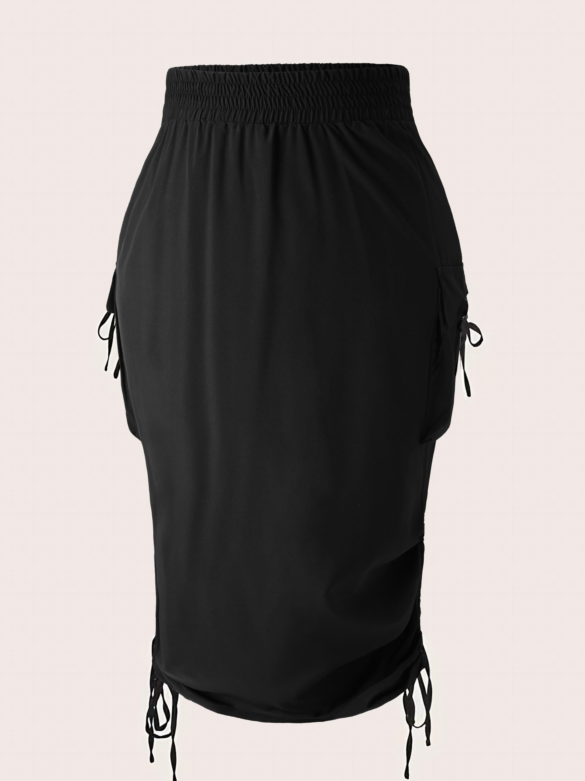 Solid Elastic Side Ruched Tie Maxi Cargo Skirt