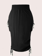 Solid Elastic Side Ruched Tie Maxi Cargo Skirt