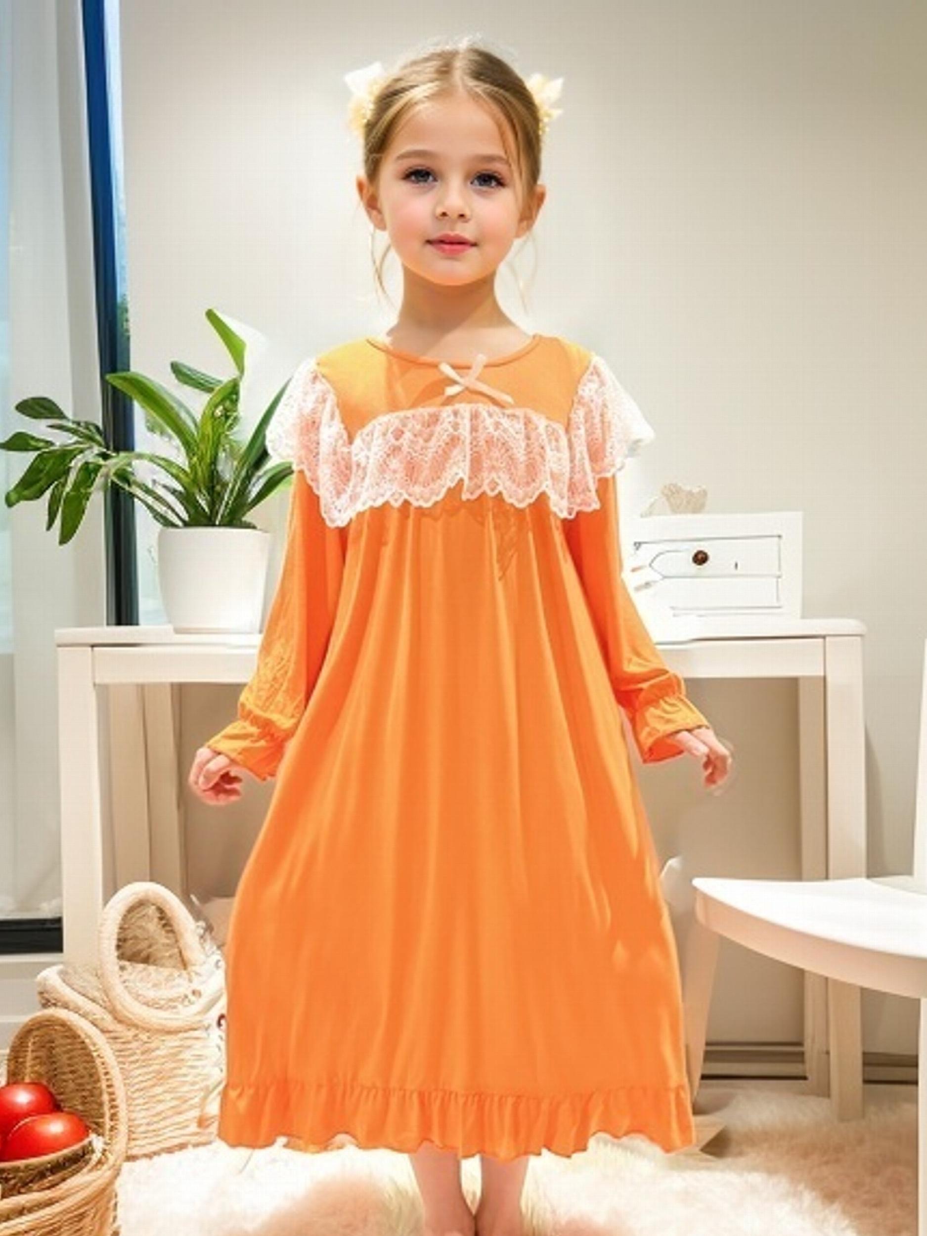 Girls Long Sleeve Princess Nightdress Lace Bow Solid Pajamas