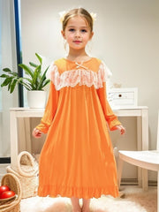 Girls Long Sleeve Princess Nightdress Lace Bow Solid Pajamas